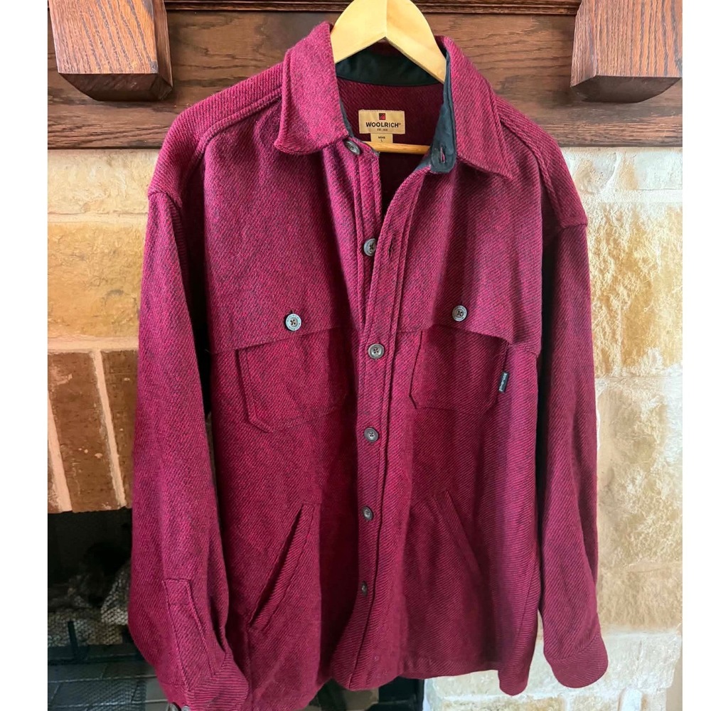 Woolrich Mens Large Burgundy Red Heavyweight Flannel Shirt Jacket Vented Back